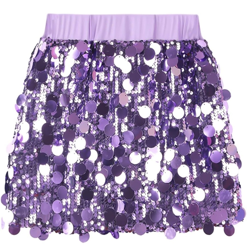 Girls Purple Sequin Circle-Disc Skirt with Elastic Waistband